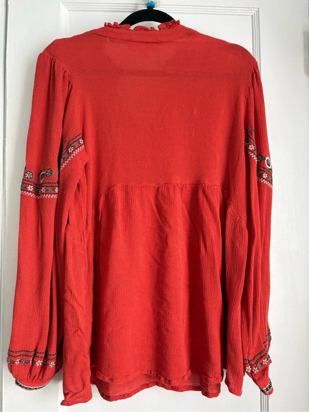 Suzanne Betro Embroidered Peasant Boho TunicRust Red Long Sleeve Tunic Top Sz: M - Picture 3 of 8
